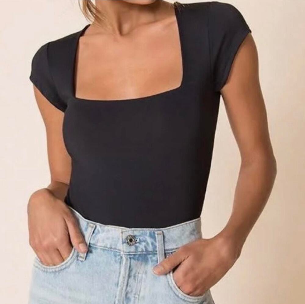 Free People Square Eyes Bodysuit Black Size Small Square Neck Short Sleeve EUC